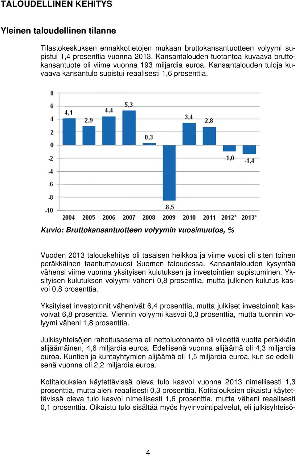 Kuvio: Bruttokansantuotteen volyymin vuosimuutos, % Vuoden 2013 talouskehitys oli tasaisen heikkoaa ja viime vuosi oli siten toinenn peräkkäinen taantumavuosi Suomen taloudessa.