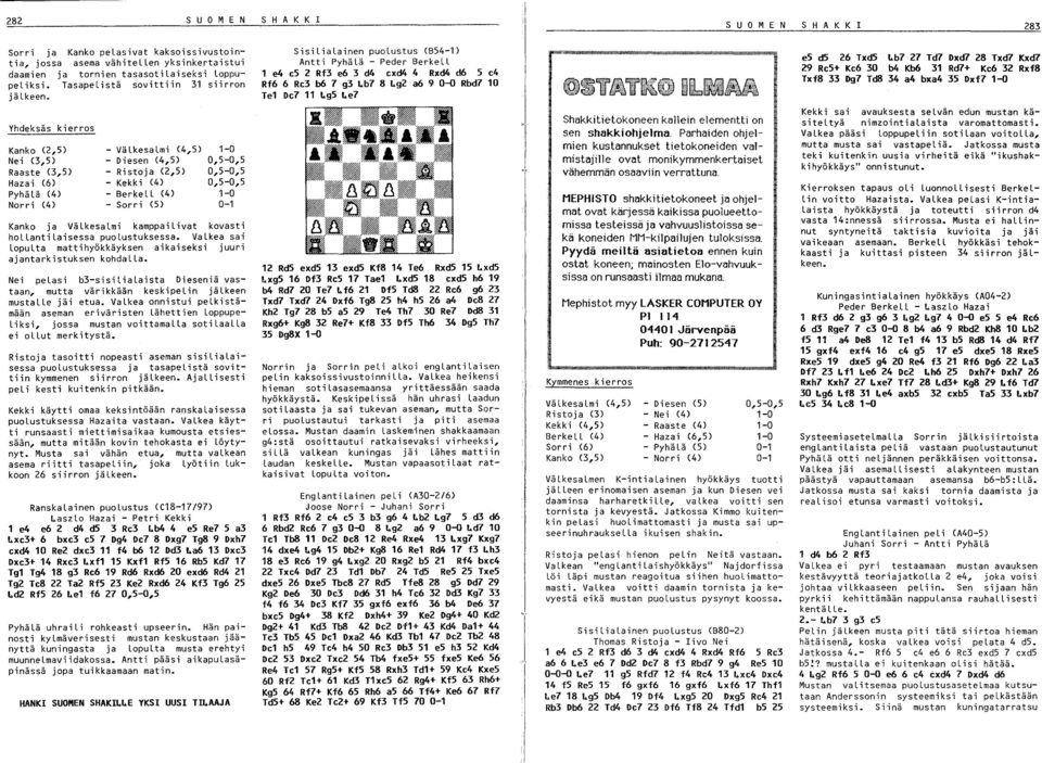 Yhdeksäs kierros Kanko (2,5) Nei (3,5) Raaste (3,5) Hazai (6) Pyhä Lä (4) Norri (4) - VäLkesaLmi (4,5) - Diesen (4,5) - Ristoja (2,5) - Kekk i (4) - BerkeLL (4) - Sorri (5) 0,5-0,5 0,5-0,5 0,5-0,5