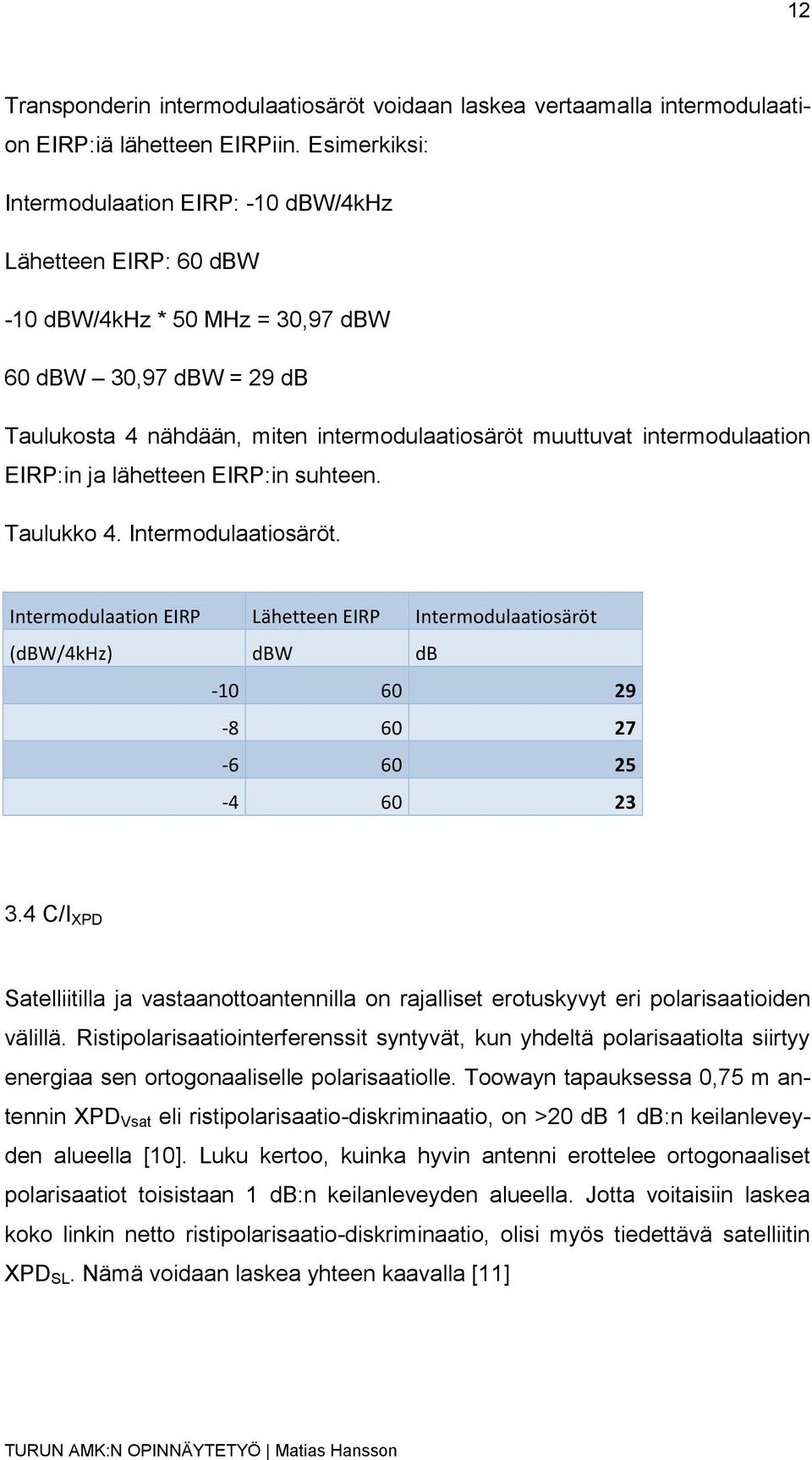 intermodulaation EIRP:in ja lähetteen EIRP:in suhteen. Taulukko 4. Intermodulaatiosäröt. Intermodulaation EIRP Lähetteen EIRP Intermodulaatiosäröt (dbw/4khz) dbw db -0 60 29-8 60 27-6 60 25-4 60 2.