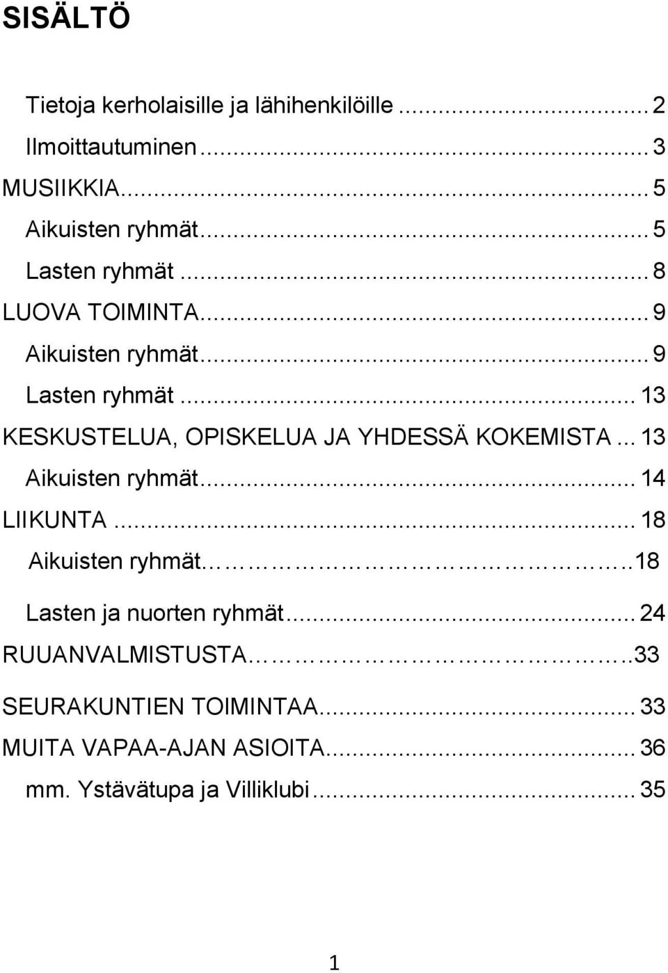 .. 13 KESKUSTELUA, OPISKELUA JA YHDESSÄ KOKEMISTA... 13 Aikuisten ryhmät... 14 LIIKUNTA... 18 Aikuisten ryhmät.