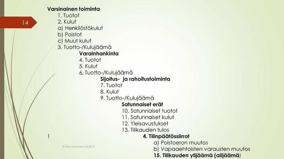 Tuotot 8. Kulut 9. Tuotto-/Kulujäämä Satunnaiset erät 10. Satunnaiset tuotot 11. Satunnaiset kulut 12.