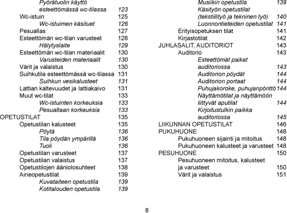 133 Pesualtaan korkeuksia 133 OPETUSTILAT 135 Opetustilan kalusteet 135 Pöytä 136 Tila pöydän ympärillä 136 Tuoli 136 Opetustilan varusteet 137 Opetustilan valaistus 137 Opetustilojen ääniolosuhteet