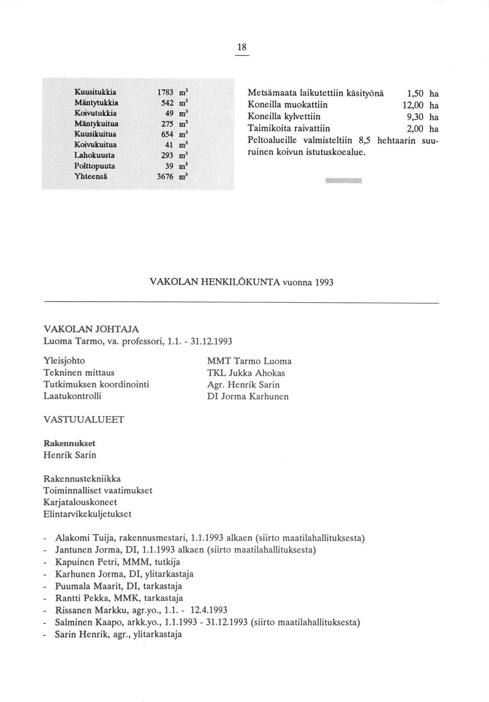 1993 Yleisjohto Tekninen mittaus Tutkimuksen koordinointi Laatukontrolli MMT Tarmo Luoma TKL Jukka Ahokas Agr.