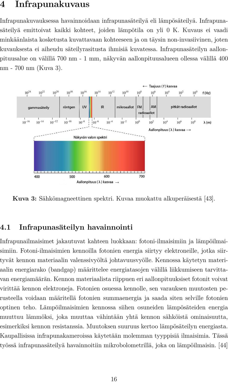 Infrapunasäteilyn aallonpituusalue on välillä 700 nm - 1 mm, näkyvän aallonpituusalueen ollessa välillä 400 nm - 700 nm (Kuva 3). Kuva 3: Sähkömagneettinen spektri. Kuvaa muokattu alkuperäisestä [43].