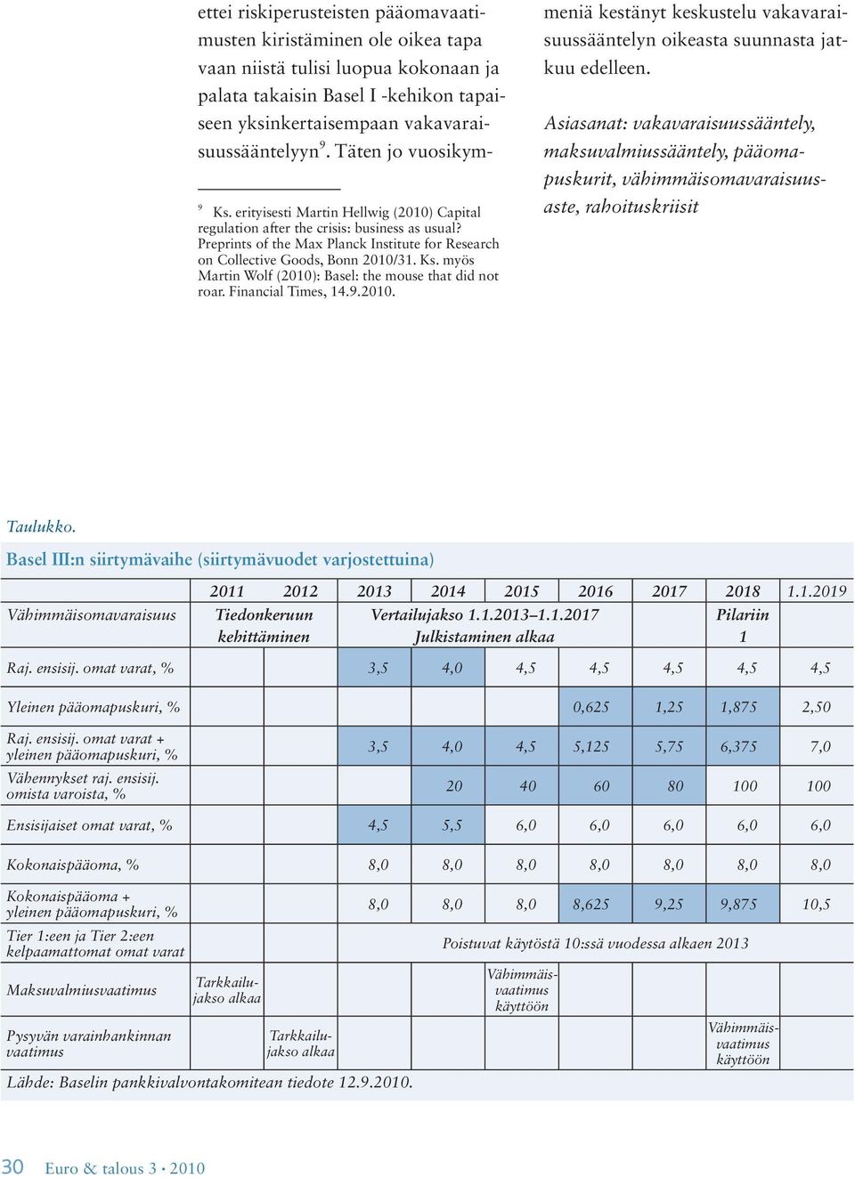 Ks. myös Martin Wolf (2010): Basel: the mouse that did not roar. Financial Times, 14.9.2010. meniä kestänyt keskustelu vakavaraisuussääntelyn oikeasta suunnasta jatkuu edelleen.