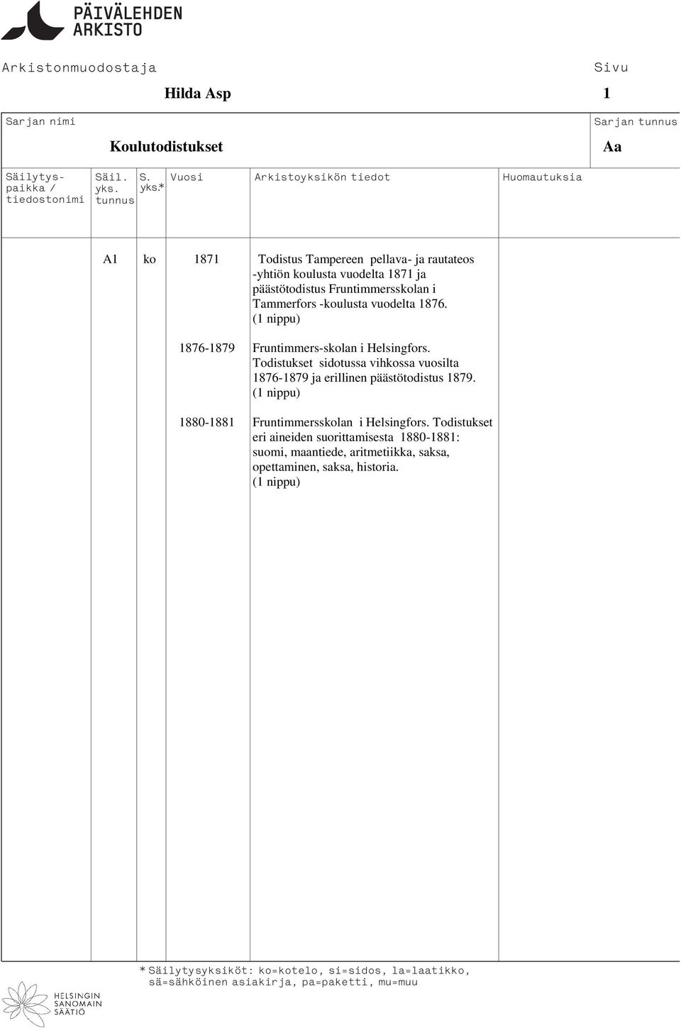 Todistukset sidotussa vihkossa vuosilta 1876-1879 ja erillinen päästötodistus 1879.