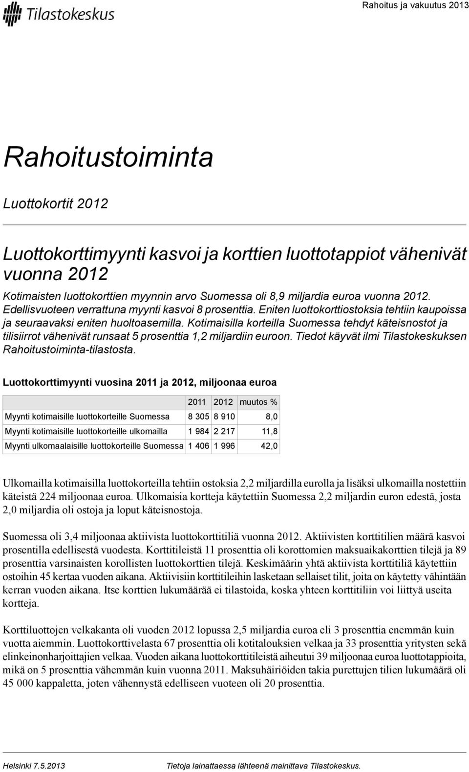 Kotimaisilla korteilla Suomessa tehdyt käteisnostot ja tilisiirrot vähenivät runsaat 5 prosenttia 1,2 miljardiin euroon. Tiedot käyvät ilmi Tilastokeskuksen Rahoitustoiminta-tilastosta.