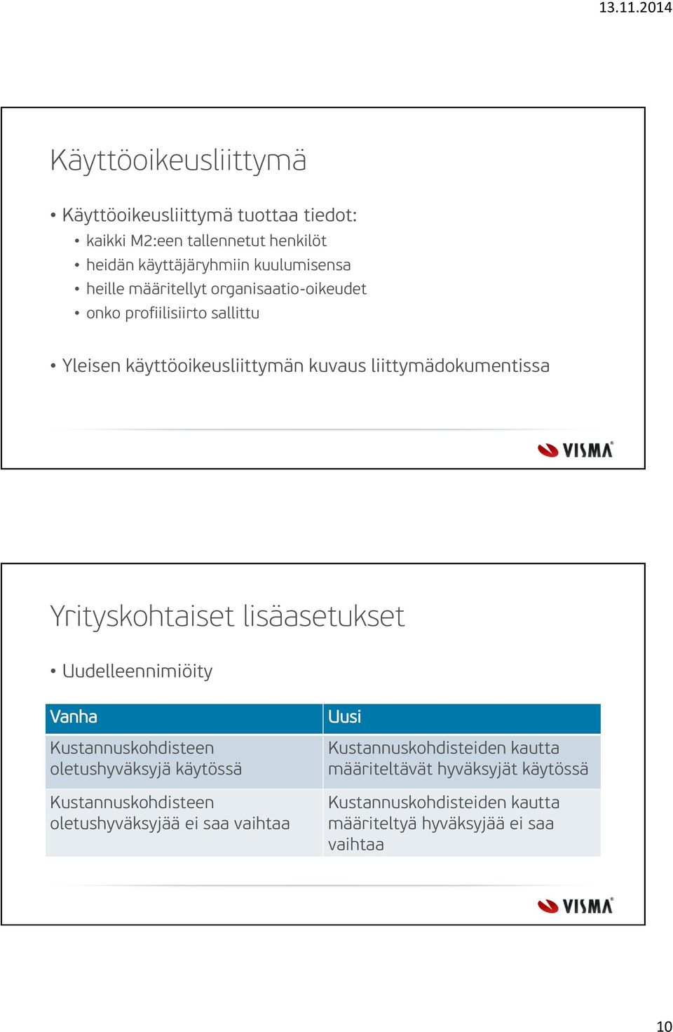 lisäasetukset Uudelleennimiöity Vanha Kustannuskohdisteen oletushyväksyjä käytössä Kustannuskohdisteen oletushyväksyjää ei saa vaihtaa