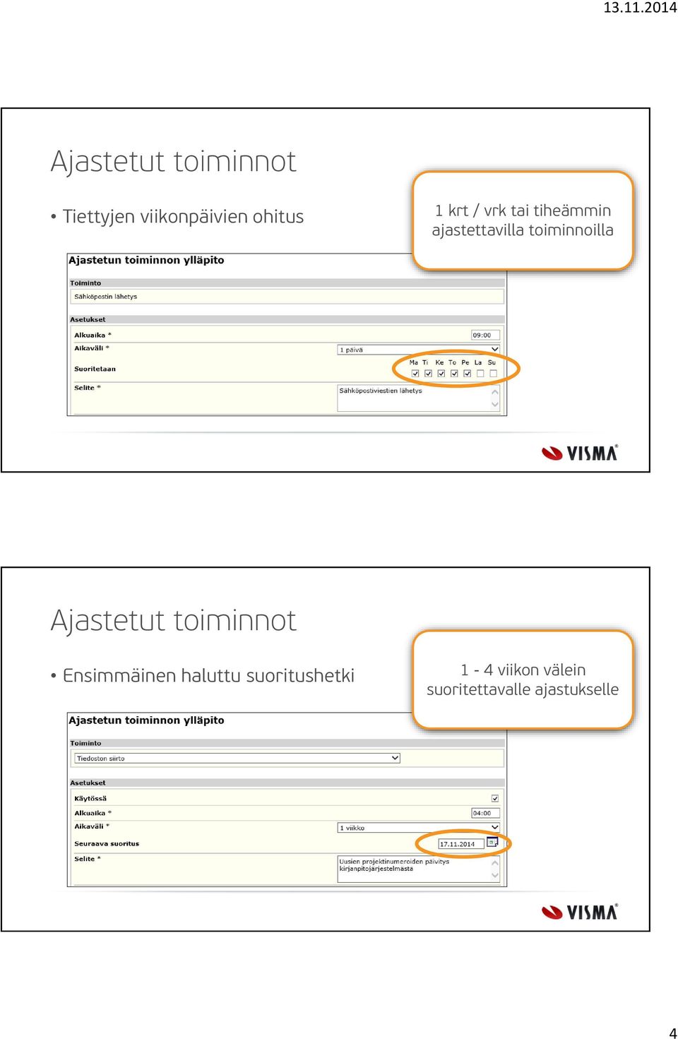 toiminnoilla Ajastetut toiminnot Ensimmäinen