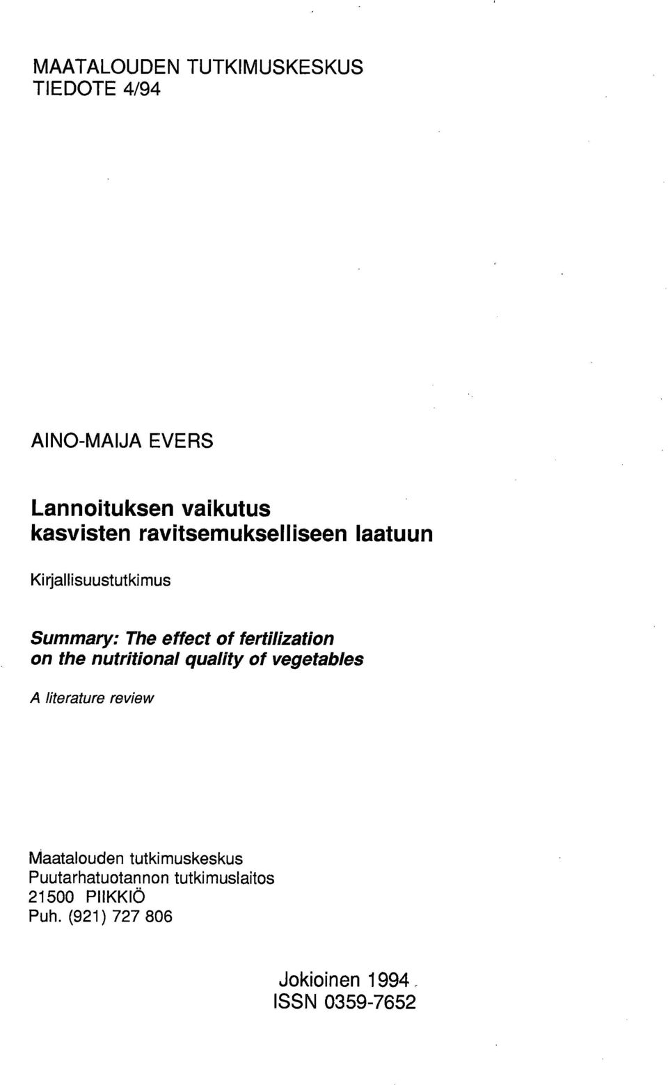 the nutritional quality of vegetables A literature review Maatalouden tutkimuskeskus