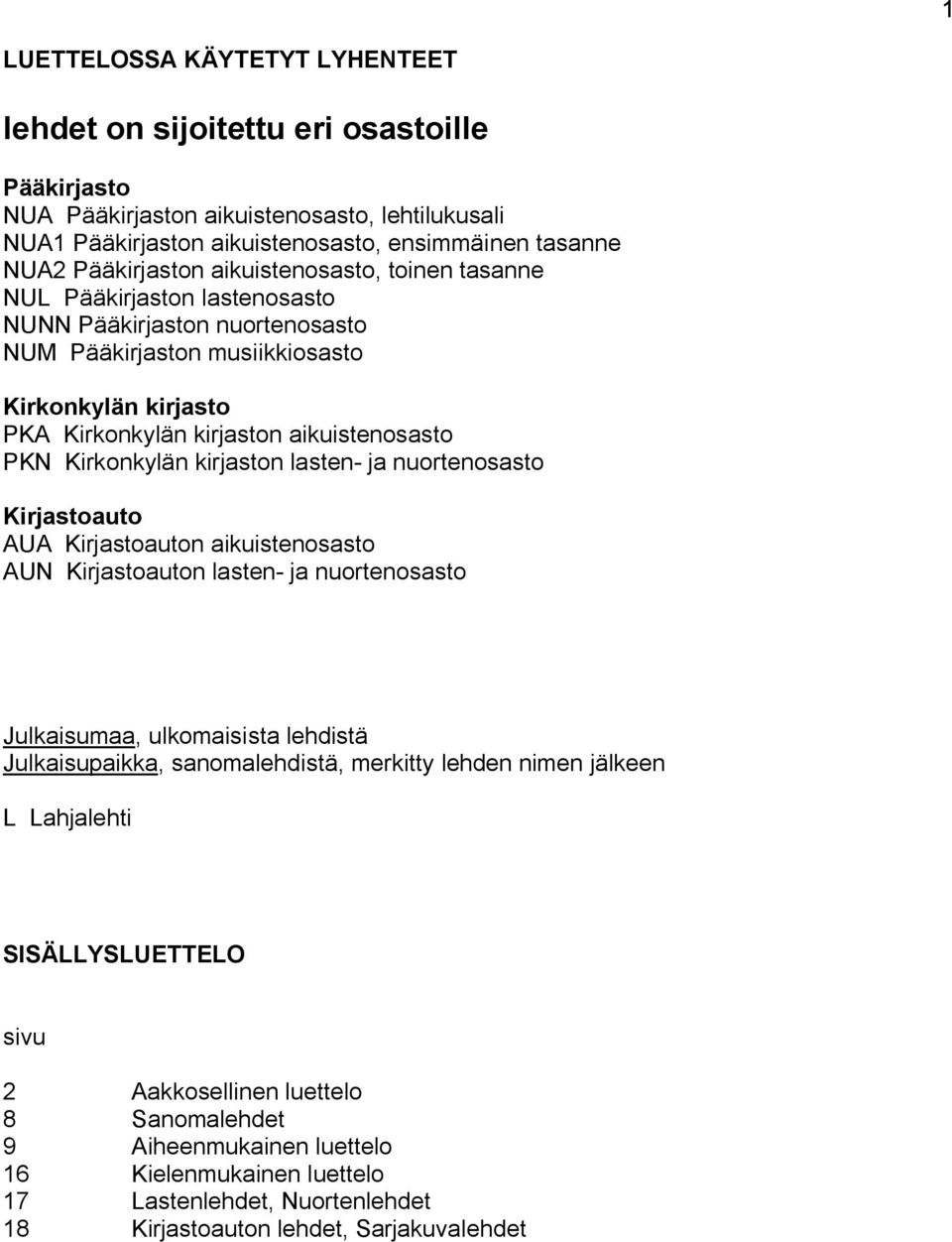 kirjaston lasten- ja nuortenosasto Kirjastoauto AUA Kirjastoauton aikuistenosasto AUN Kirjastoauton lasten- ja nuortenosasto Julkaisumaa, ulkomaisista lehdistä Julkaisupaikka, sanomalehdistä,