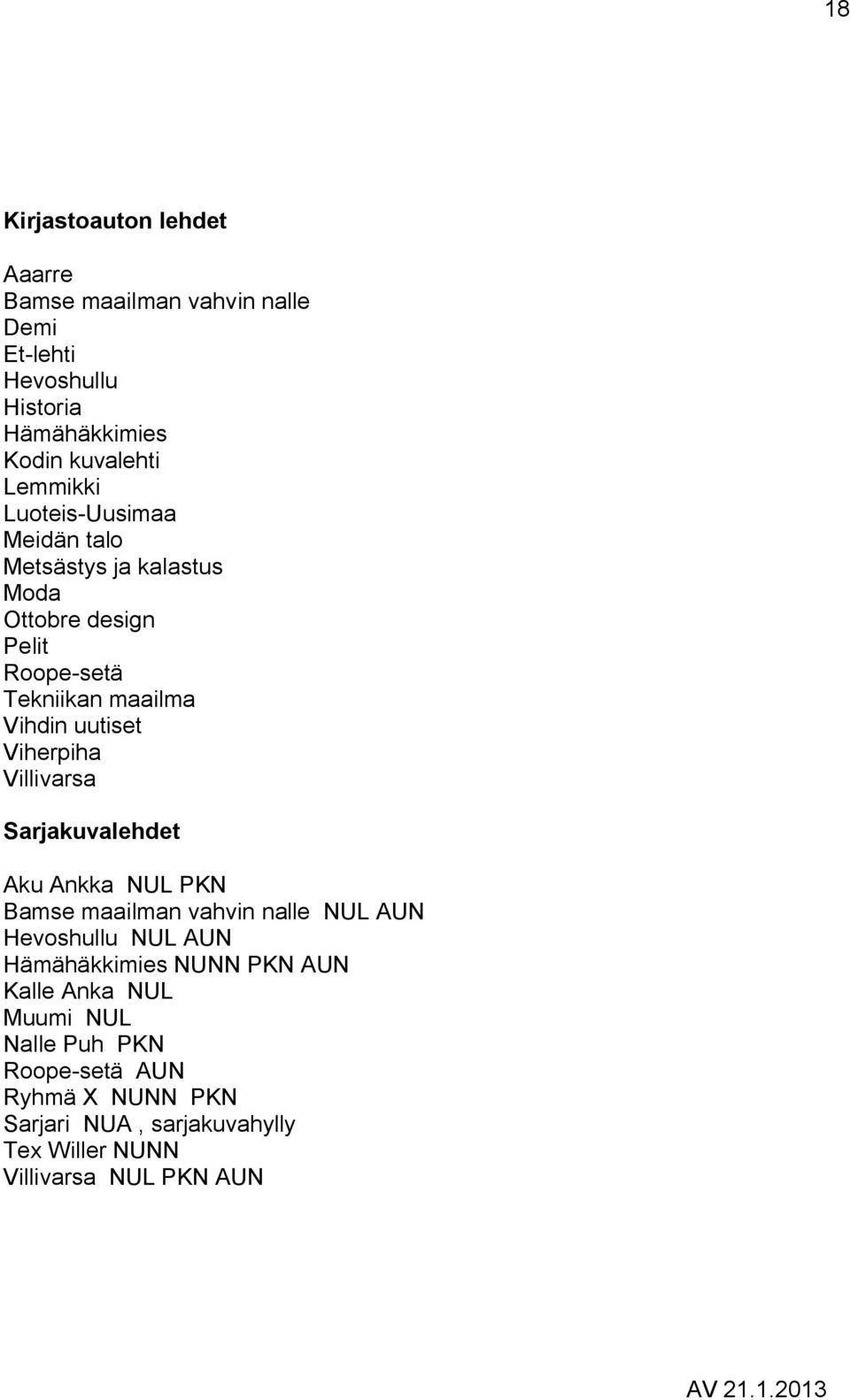 Viherpiha Villivarsa Sarjakuvalehdet Aku Ankka NUL PKN Bamse maailman vahvin nalle NUL AUN Hevoshullu NUL AUN Hämähäkkimies PKN