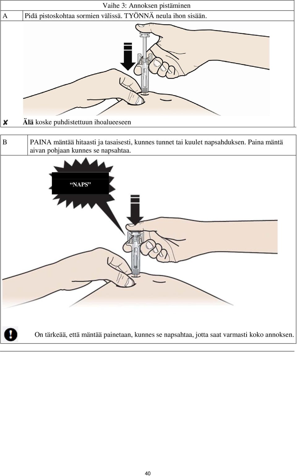 Älä koske puhdistettuun ihoalueeseen B PAINA mäntää hitaasti ja tasaisesti, kunnes