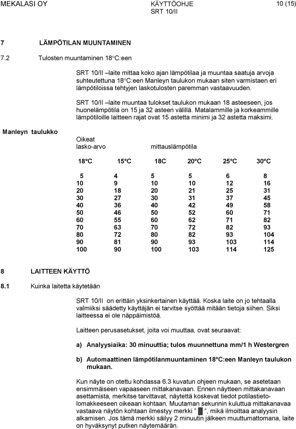 paremman vastaavuuden. laite muuntaa tulokset taulukon mukaan 18 asteeseen, jos huonelämpötila on 15 ja 32 asteen välillä.