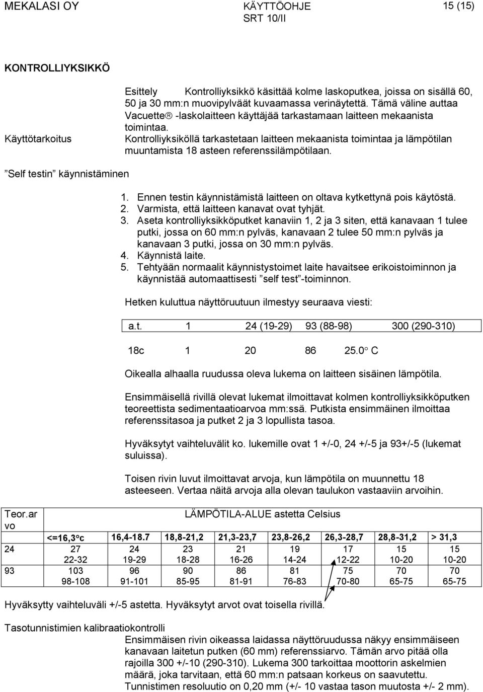 Kontrolliyksiköllä tarkastetaan laitteen mekaanista toimintaa ja lämpötilan muuntamista 18 asteen referenssilämpötilaan. Self testin käynnistäminen 1.