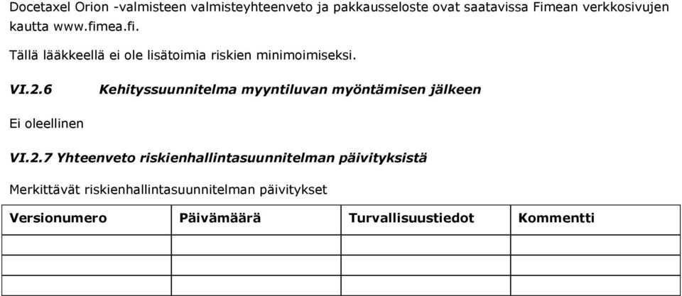 6 Kehityssuunnitelma myyntiluvan myöntämisen jälkeen Ei oleellinen VI.2.