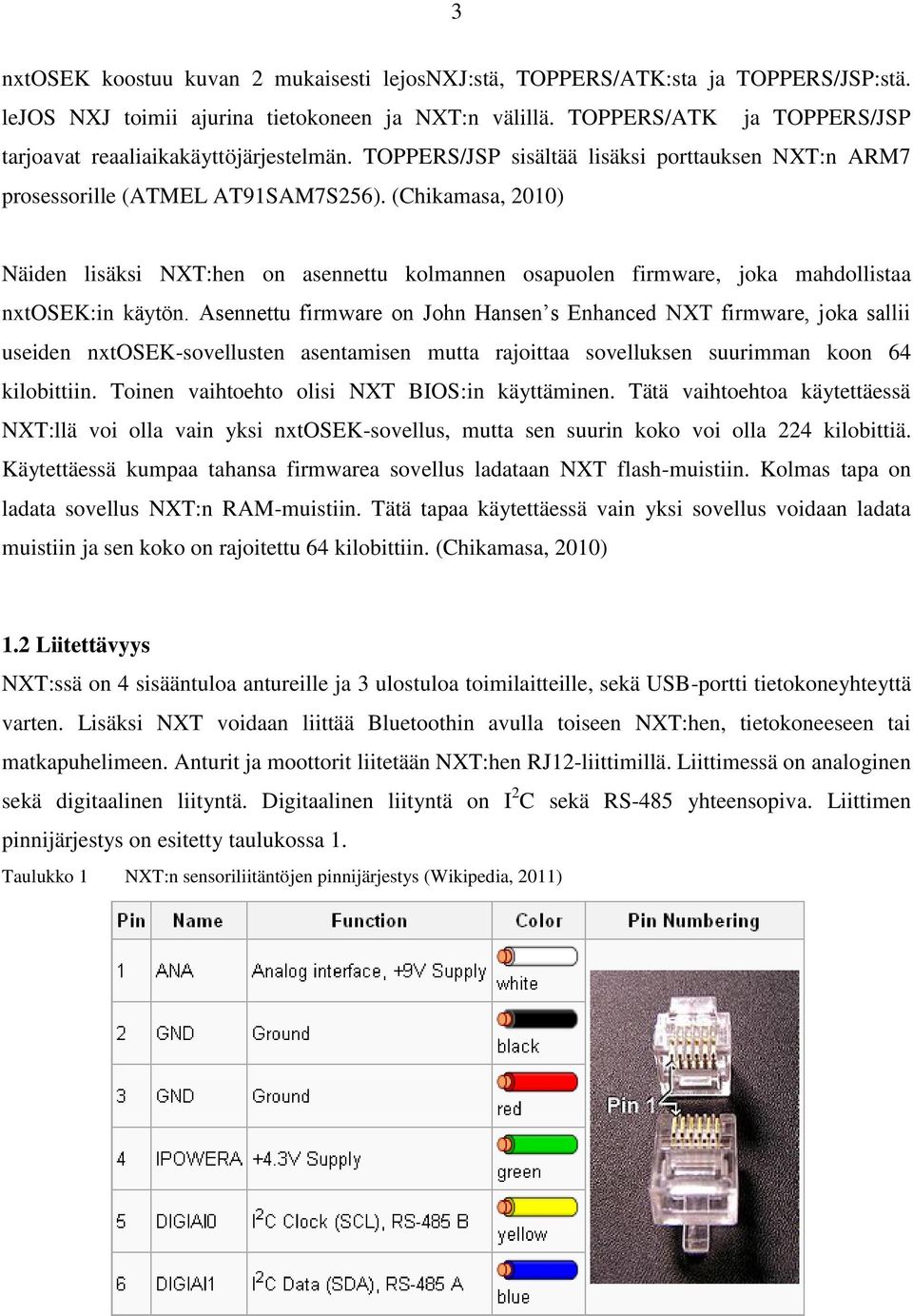(Chikamasa, 2010) Näiden lisäksi NXT:hen on asennettu kolmannen osapuolen firmware, joka mahdollistaa nxtosek:in käytön.