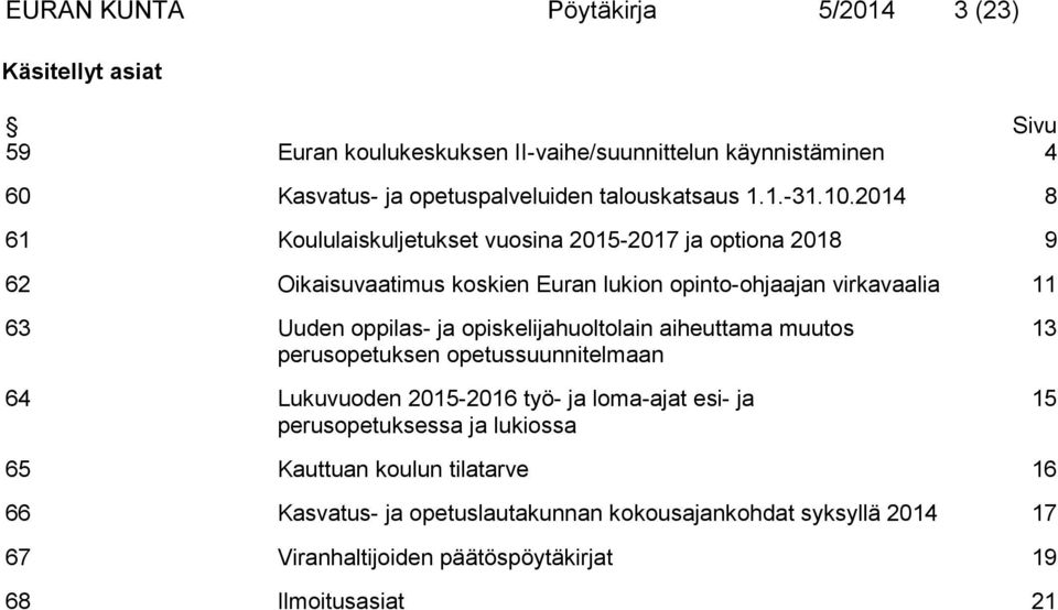 2014 8 61 Koululaiskuljetukset vuosina 2015-2017 ja optiona 2018 9 62 Oikaisuvaatimus koskien Euran lukion opinto-ohjaajan virkavaalia 11 63 Uuden oppilas- ja