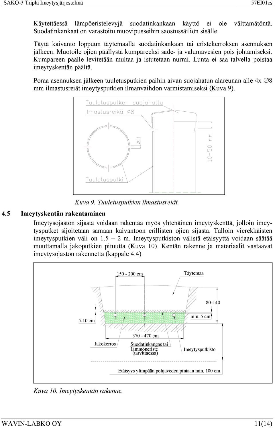 Kumpareen päälle levitetään multaa ja istutetaan nurmi. Lunta ei saa talvella poistaa imeytyskentän päältä.