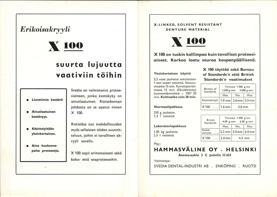 Ristisidos suo mahdollisuuden myös sellaisten töiden suunnitteluun, joihin ei tavallinen akryyli sovellu. X 100 sopii erinomaisesti sekö koko- että osaproteeseihin.