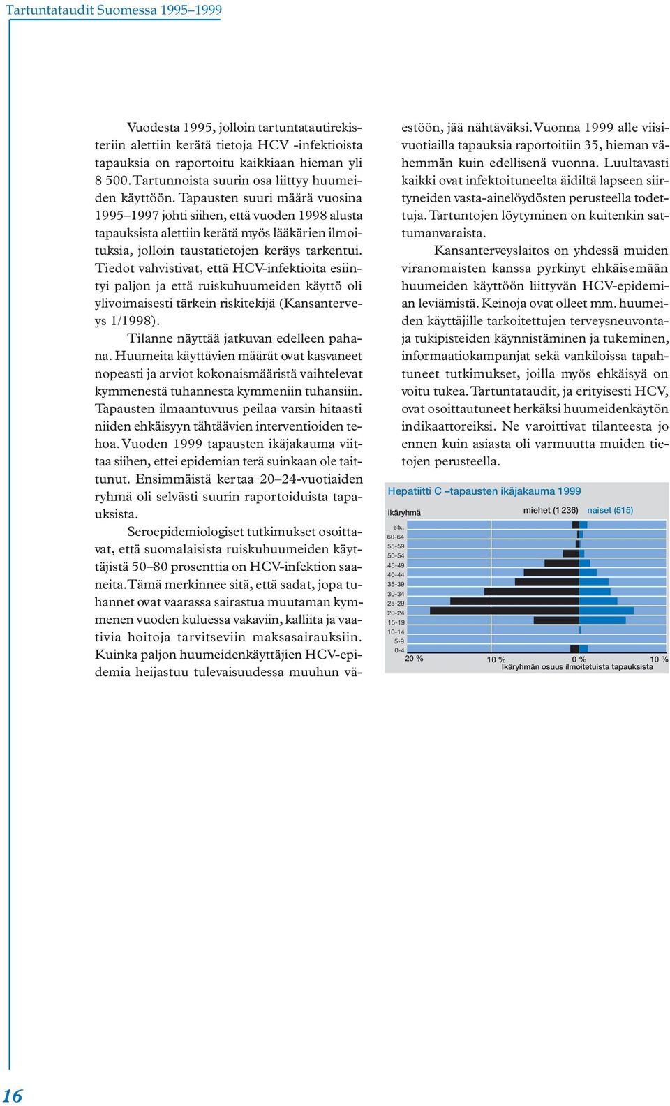 Tiedot vahvistivat, että HCV-infektioita esiintyi paljon ja että ruiskuhuumeiden käyttö oli ylivoimaisesti tärkein riskitekijä (Kansanterveys 1/1998). Tilanne näyttää jatkuvan edelleen pahana.