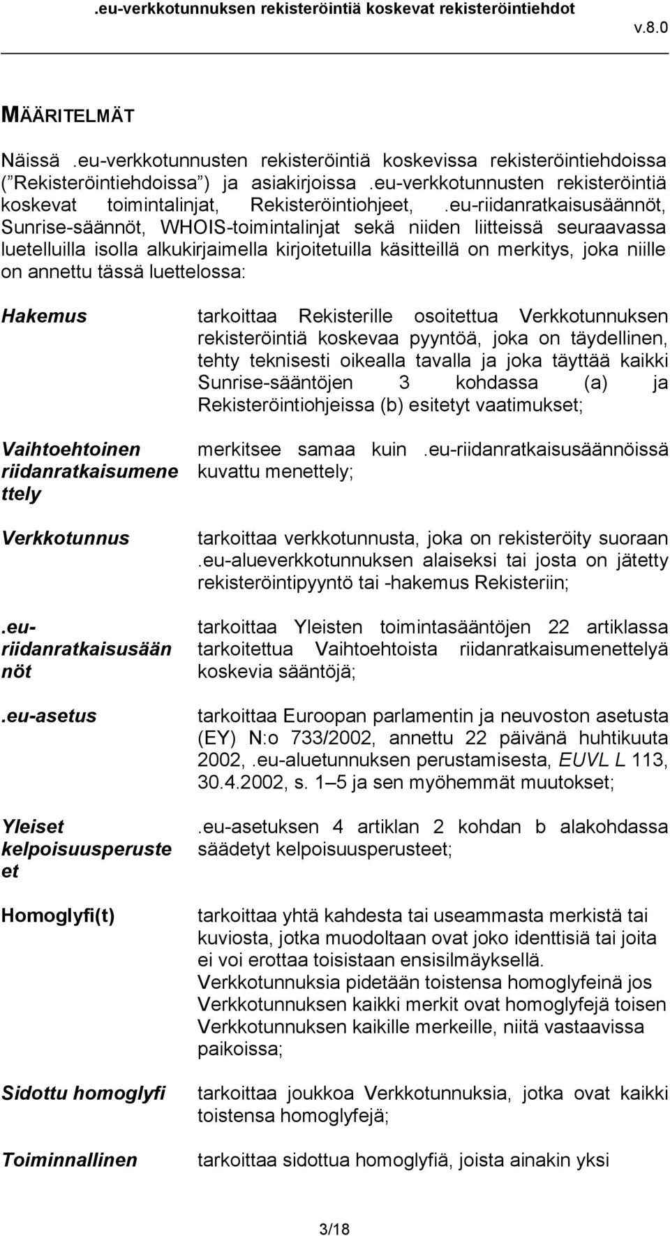 eu-riidanratkaisusäännöt, Sunrise-säännöt, WHOIS-toimintalinjat sekä niiden liitteissä seuraavassa luetelluilla isolla alkukirjaimella kirjoitetuilla käsitteillä on merkitys, joka niille on annettu