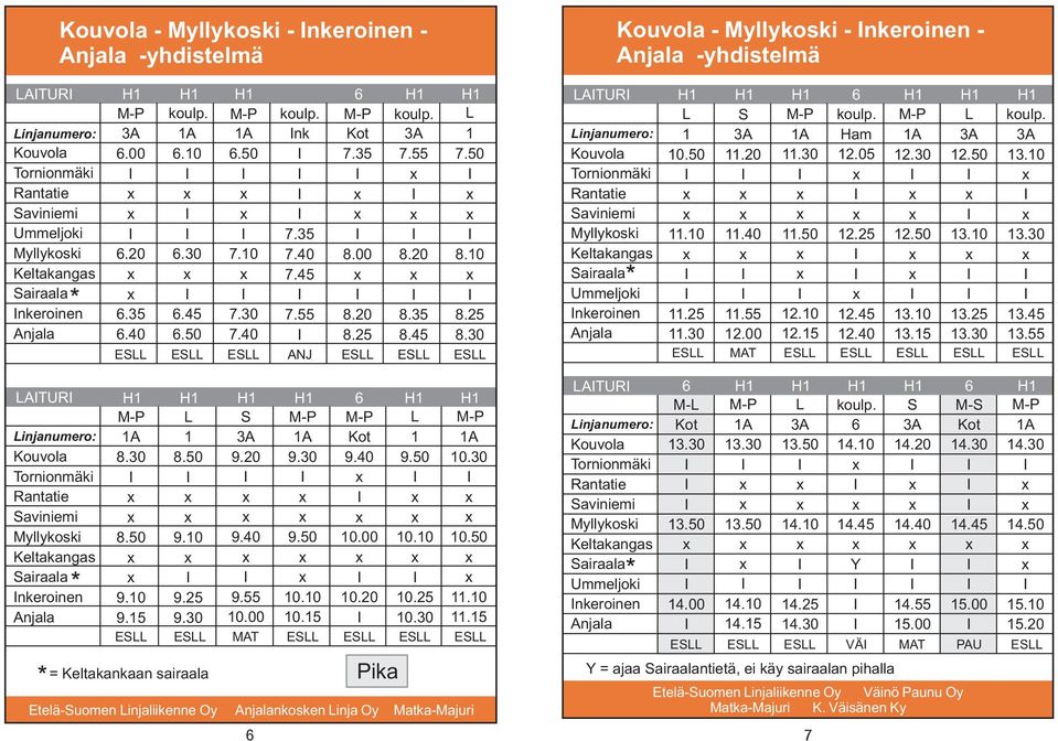 11.30 11. 1.00 1.10 1.1 1. 1.0 13.1 13. 13. 13. MA AUR H1 H1 H1 H1 6 H1 H1 injanumero: ornionmäki 8.30 8.0 1 8.0 9.10 9.0 9.0 9.30 9.0 Kot 9.0 1 9.0 10.10 10.30 10.0 airaala * nkeroinen 9.10 9. 9. 10.10 10.0 10. 11.10 9.1 9.30 MA 10.