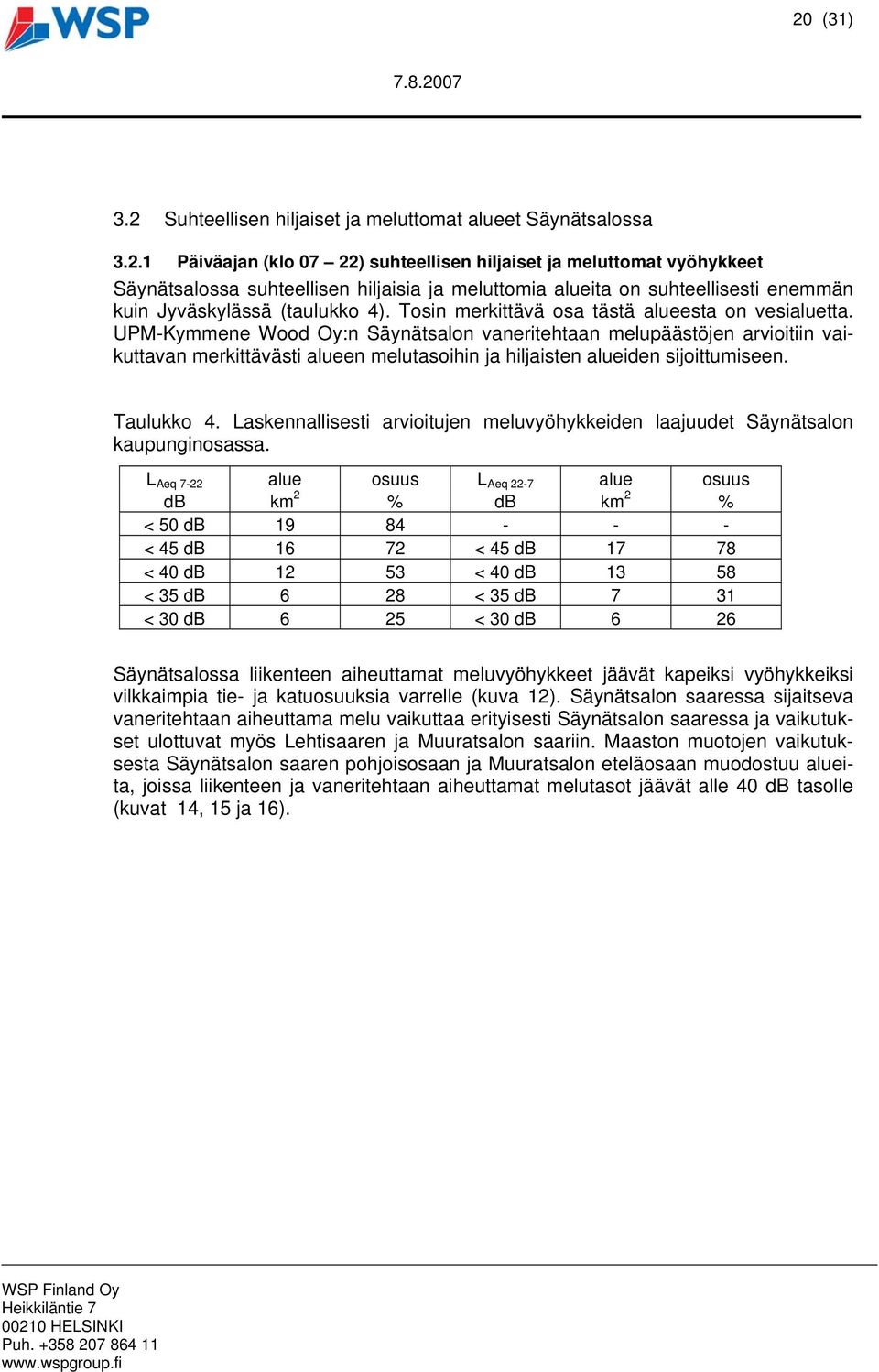 UPM-Kymmene Wood Oy:n Säynätsalon vaneritehtaan melupäästöjen arvioitiin vaikuttavan merkittävästi alueen melutasoihin ja hiljaisten alueiden sijoittumiseen. Taulukko 4.