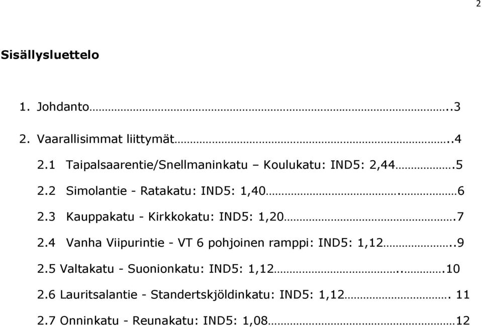 3 Kauppakatu - Kirkkokatu: IND5: 1,20.7 2.4 Vanha Viipurintie - VT 6 pohjoinen ramppi: IND5: 1,12..9 2.