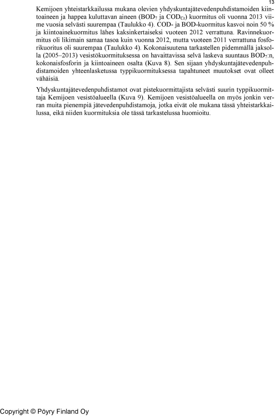 Ravinnekuormitus oli likimain samaa tasoa kuin vuonna 212, mutta vuoteen 211 verrattuna fosforikuoritus oli suurempaa (Taulukko 4).