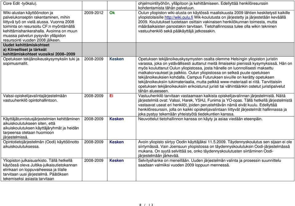 Uudet kehittämiskohteet a) Kiireelliset ja tärkeät kehittämiskohteet vuosiksi 2008 2009 Opetuksen tekijänoikeuskysymyksiin tuki ja sopimusmallit.