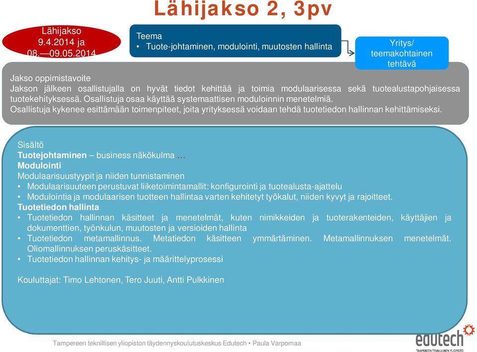 tuotekehityksessä. Osallistuja osaa käyttää systemaattisen moduloinnin menetelmiä. Osallistuja kykenee esittämään toimenpiteet, joita yrityksessä voidaan tehdä tuotetiedon hallinnan kehittämiseksi.