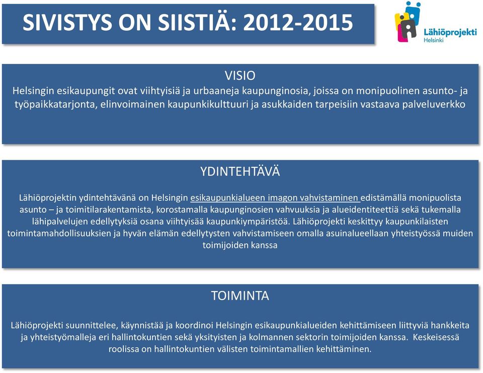 korostamalla kaupunginosien vahvuuksia ja alueidentiteettiä sekä tukemalla lähipalvelujen edellytyksiä osana viihtyisää kaupunkiympäristöä.