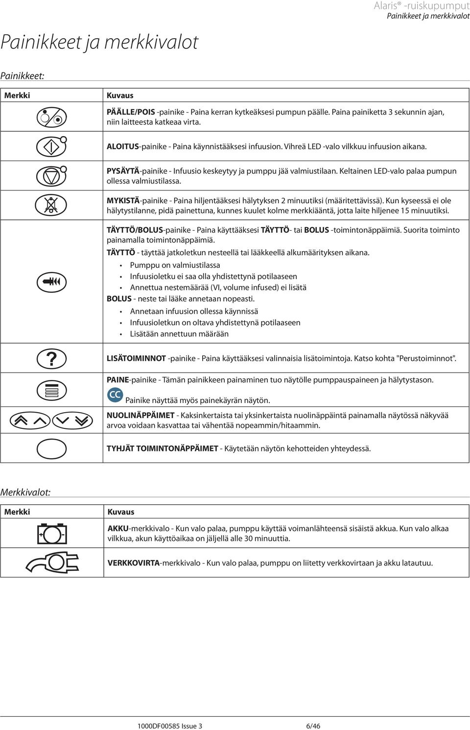 PYSÄYTÄ-painike - Infuusio keskeytyy ja pumppu jää valmiustilaan. Keltainen LED-valo palaa pumpun ollessa valmiustilassa.