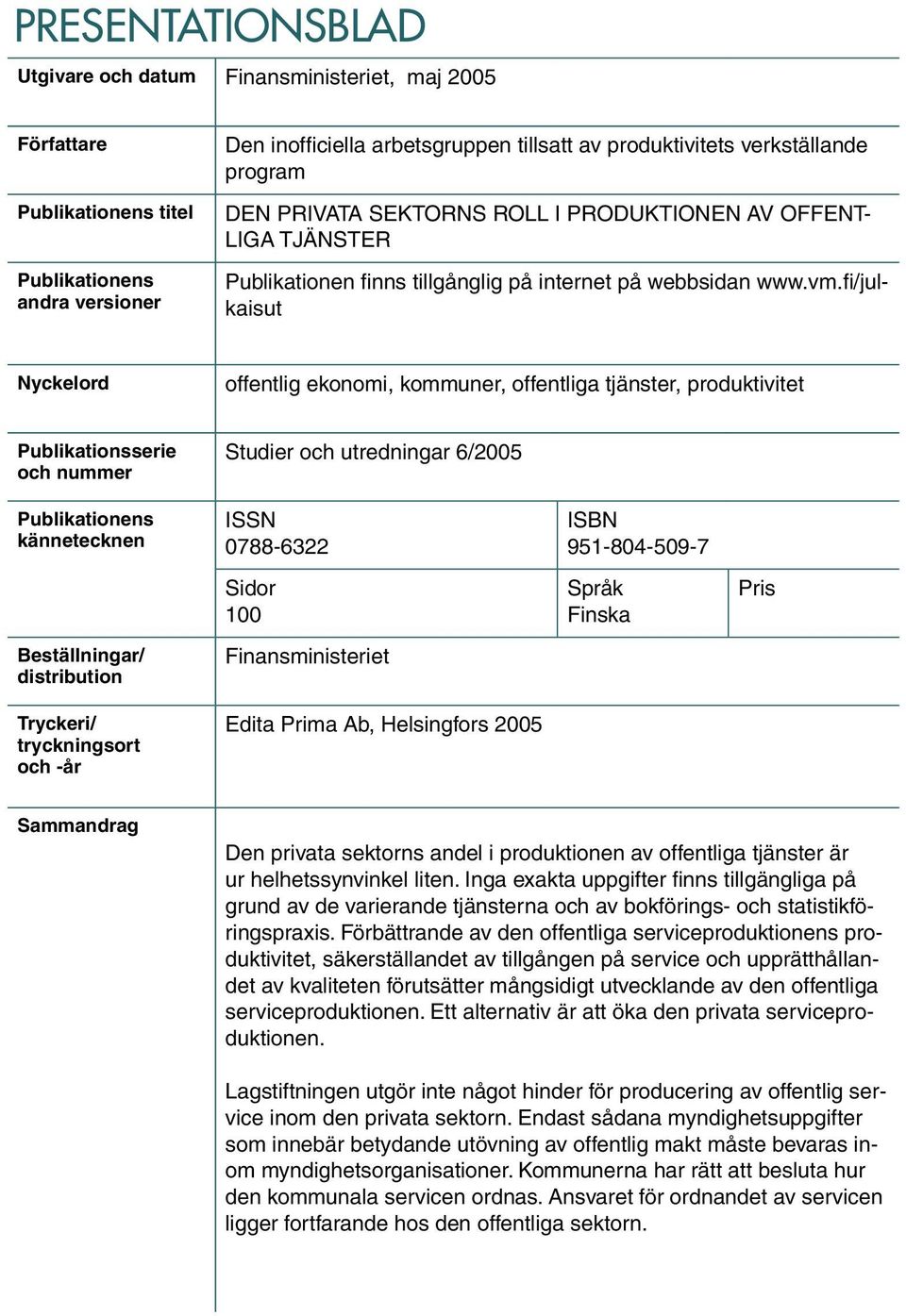 fi/julkaisut Nyckelord offentlig ekonomi, kommuner, offentliga tjänster, produktivitet Publikationsserie och nummer Studier och utredningar 6/2005 Publikationens kännetecknen Beställningar/