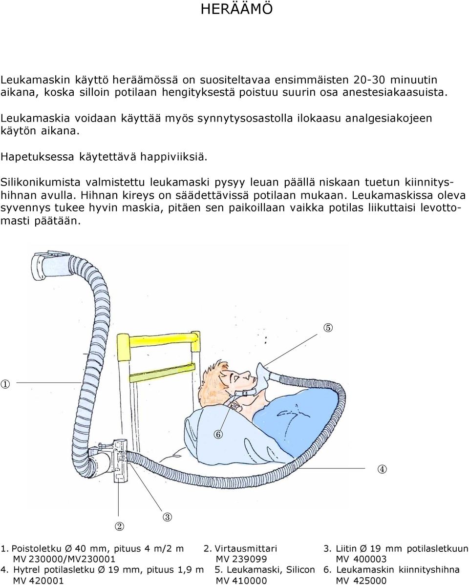 Silikonikumista valmistettu leukamaski pysyy leuan päällä niskaan tuetun kiinnityshihnan avulla. Hihnan kireys on säädettävissä potilaan mukaan.