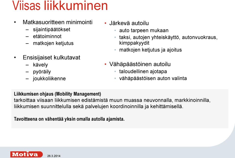 taloudellinen ajotapa vähäpäästöisen auton valinta Liikkumisen ohjaus (Mobility Management) tarkoittaa viisaan liikkumisen edistämistä muun muassa