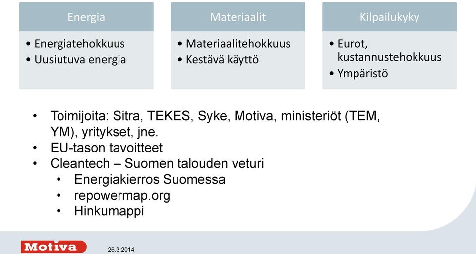 Sitra, TEKES, Syke, Motiva, ministeriöt (TEM, YM), yritykset, jne.