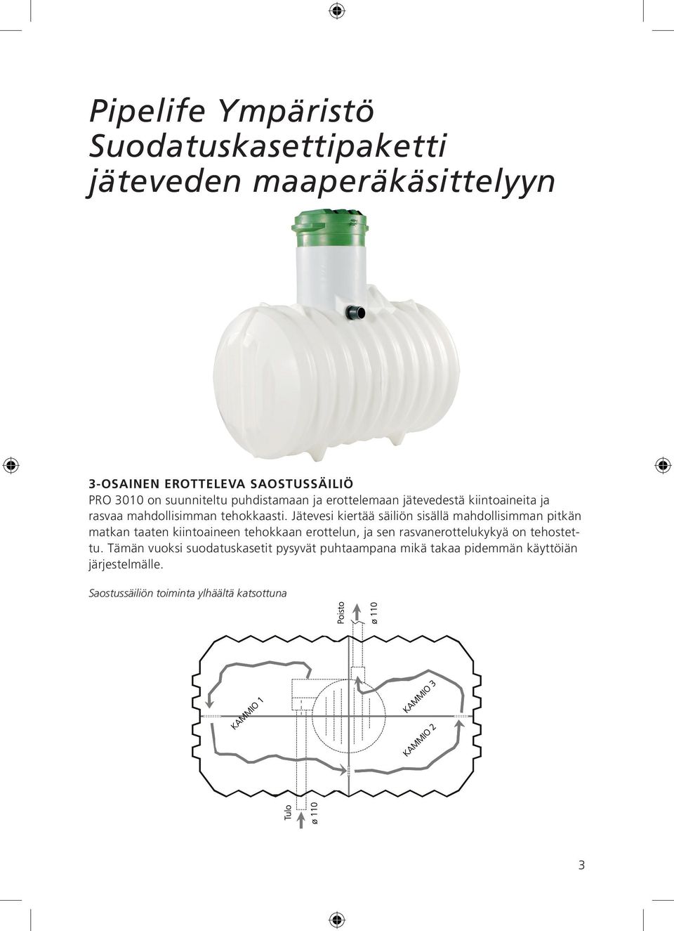 Jätevesi kiertää säiliön sisällä mahdollisimman pitkän matkan taaten kiintoaineen tehokkaan erottelun, ja sen