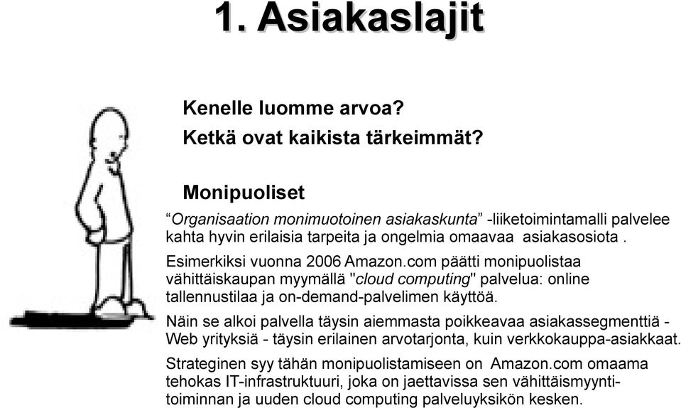 Esimerkiksi vuonna 2006 Amazon.com päätti monipuolistaa vähittäiskaupan myymällä "cloud computing" palvelua: online tallennustilaa ja on-demand-palvelimen käyttöä.