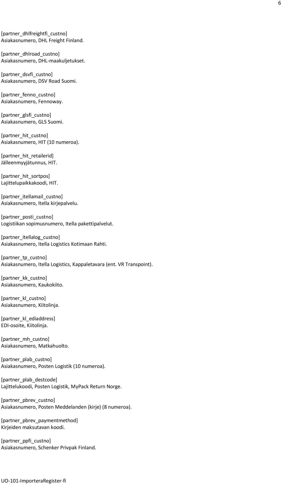 [partner_hit_sortpos] Lajittelupaikkakoodi, HIT. [partner_itellamail_custno] Asiakasnumero, Itella kirjepalvelu. [partner_posti_custno] Logistiikan sopimusnumero, Itella pakettipalvelut.