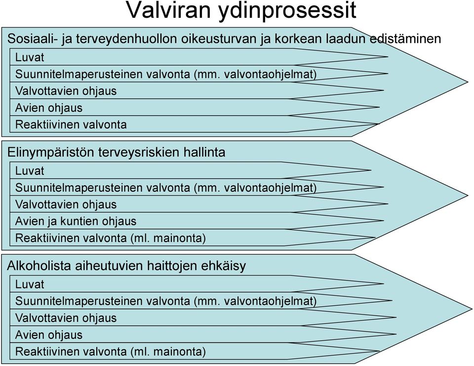 valvonta (mm. valvontaohjelmat) Valvottavien ohjaus Avien ja kuntien ohjaus Reaktiivinen valvonta (ml.