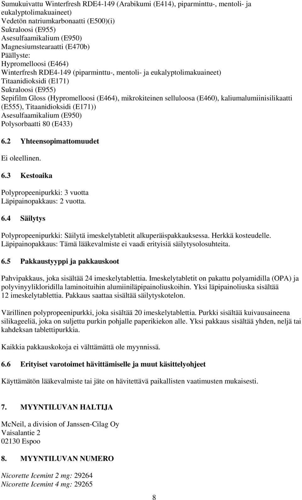 (Hypromelloosi (E464), mikrokiteinen selluloosa (E460), kaliumalumiinisilikaatti (E555), Titaanidioksidi (E171)) Asesulfaamikalium (E950) Polysorbaatti 80 (E433) 6.