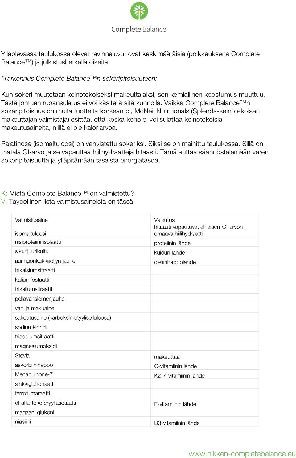 Vaikka Complete Balance n sokeripitoisuus on muita tuotteita korkeampi, McNeil Nutritionals (Splenda-keinotekoisen makeuttajan valmistaja) esittää, että koska keho ei voi sulattaa keinotekoisia