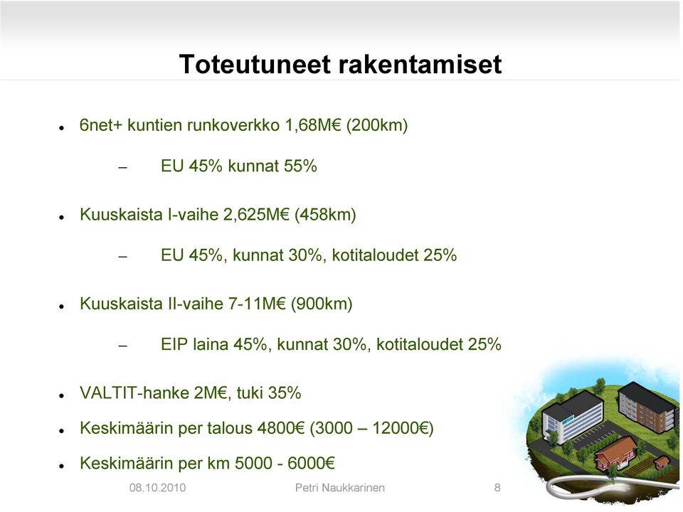 II-vaihe 7-11M (900km) EIP laina 45%, kunnat 30%, kotitaloudet 25% VALTIT-hanke