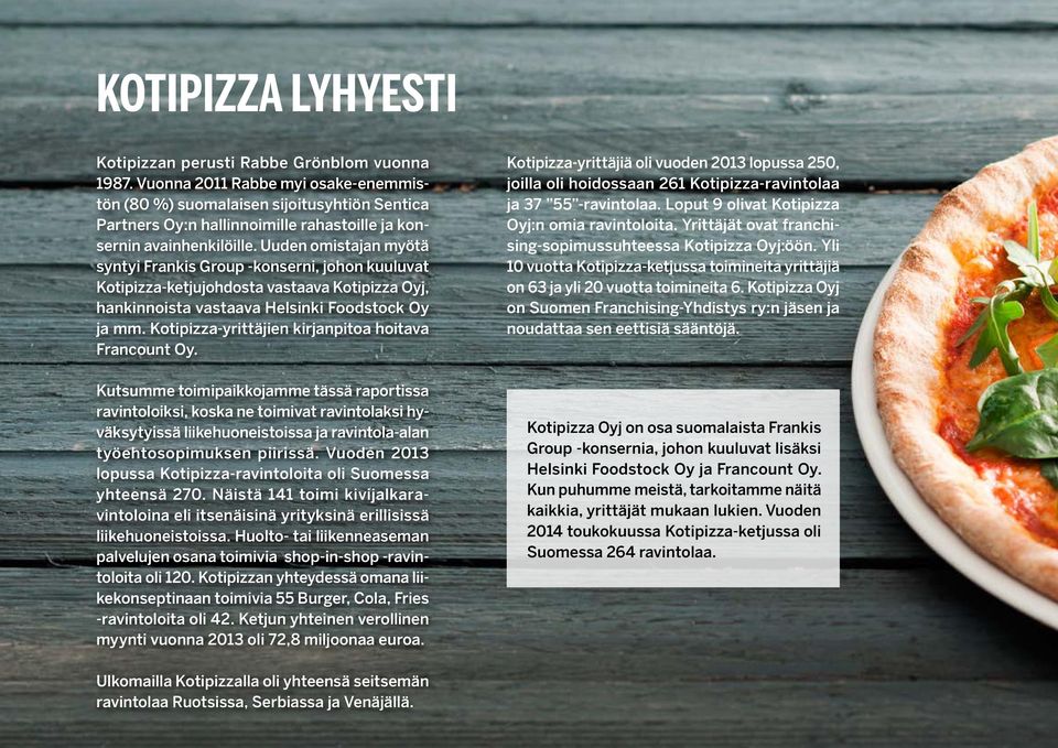 Uuden omistajan myötä syntyi Frankis Group -konserni, johon kuuluvat Kotipizza-ketjujohdosta vastaava Kotipizza Oyj, hankinnoista vastaava Helsinki Foodstock Oy ja mm.