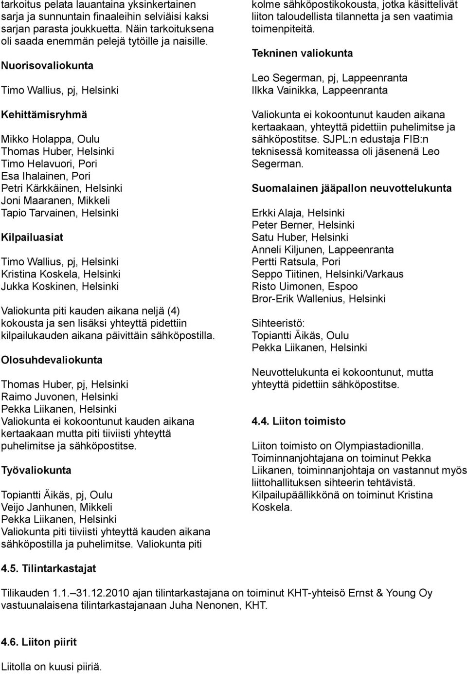 Tapio Tarvainen, Helsinki Kilpailuasiat Timo Wallius, pj, Helsinki Kristina Koskela, Helsinki Jukka Koskinen, Helsinki Valiokunta piti kauden aikana neljä (4) kokousta ja sen lisäksi yhteyttä