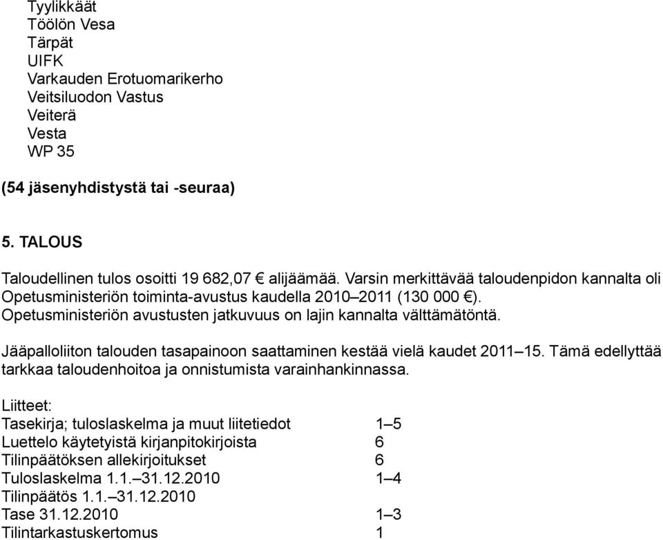 Jääpalloliiton talouden tasapainoon saattaminen kestää vielä kaudet 2011 15. Tämä edellyttää tarkkaa taloudenhoitoa ja onnistumista varainhankinnassa.