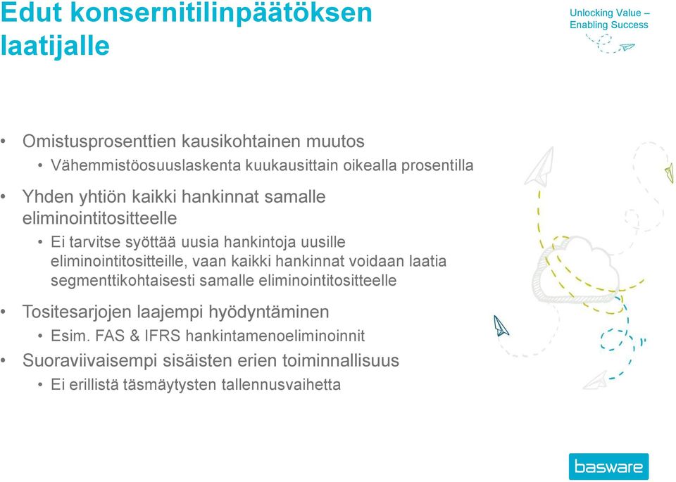 eliminointitositteille, vaan kaikki hankinnat voidaan laatia segmenttikohtaisesti samalle eliminointitositteelle Tositesarjojen