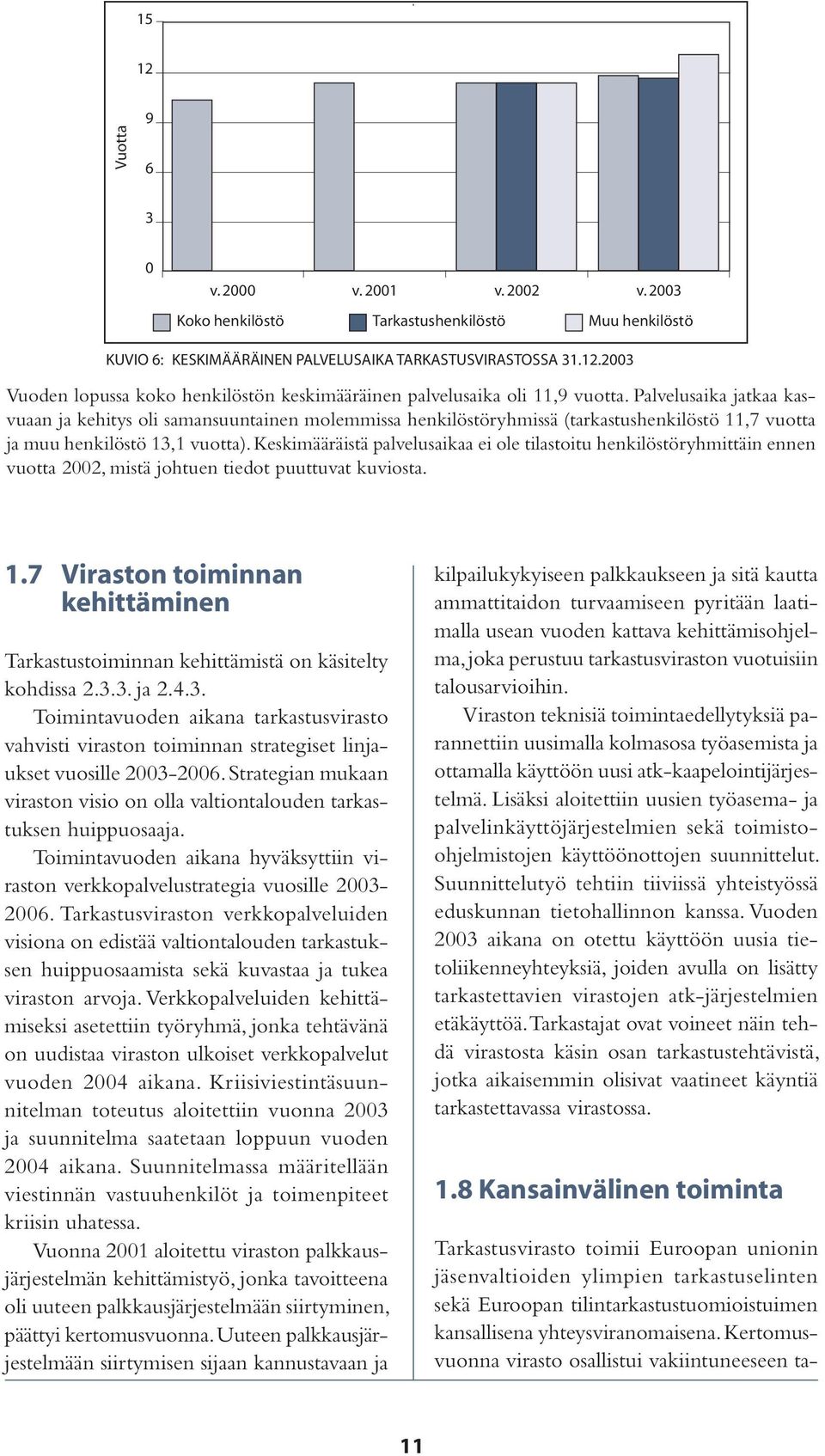 Keskimääräistä palvelusaikaa ei ole tilastoitu henkilöstöryhmittäin ennen vuotta 2002, mistä johtuen tiedot puuttuvat kuviosta. 1.